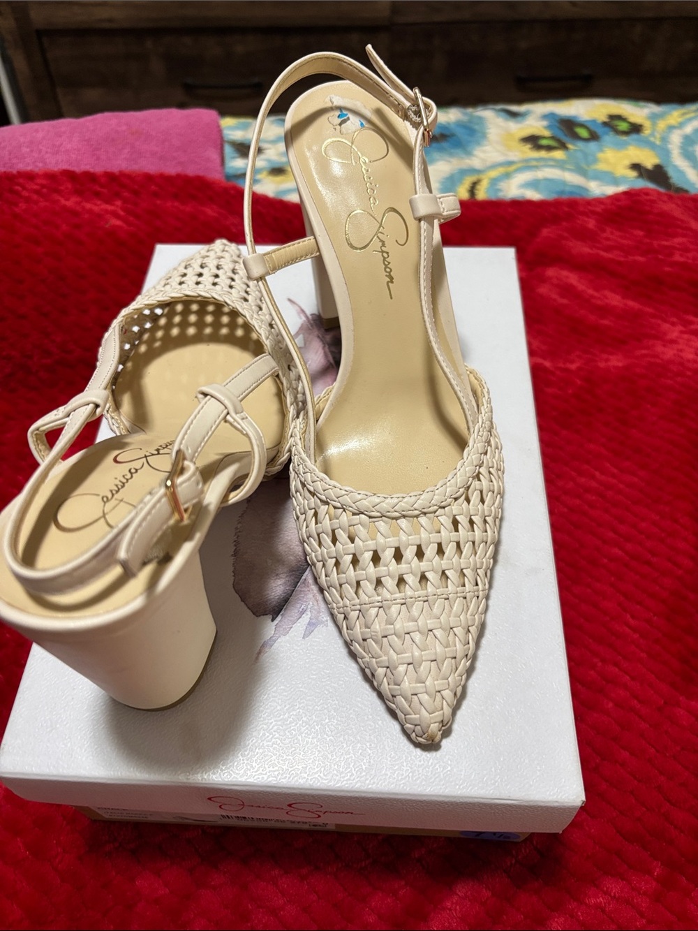 Jessica Simpson Beige Woven Slingback Pointed Heels